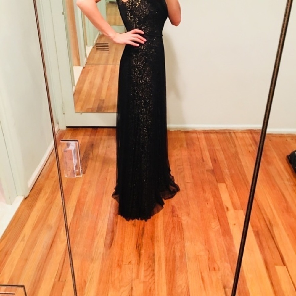 BCBG | Black &Gold Open Back Tulle Pleated Gown - Picture 3 of 9